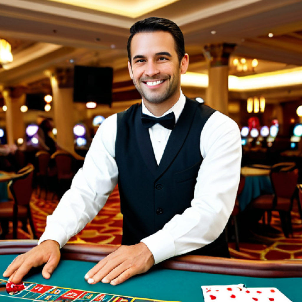 A professional male casino dealer in a crisp, modest uniform, standing behind a polished blackjack table. He maintains a calm, composed expression with a subtle, reassuring smile, while his well-formed hands skillfully deal cards. Blurred, family-friendly patrons are visible in the background of the sophisticated, softly lit casino floor, creating an atmosphere of trust and smooth operation. fully clothed, appropriate attire, professional dress, safe for work, appropriate content, perfect anatomy, correct proportions, natural pose, well-formed hands, proper finger count, natural body proportions, professional photography, high quality, realistic, detailed.
