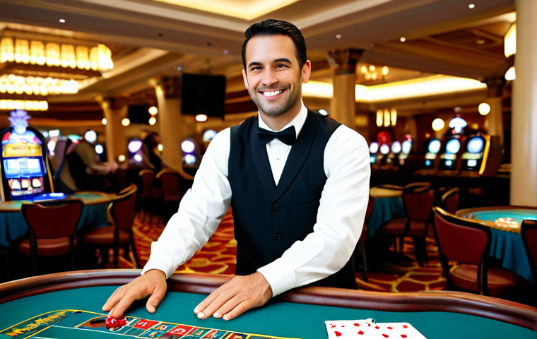A professional male casino dealer in a crisp, modest uniform, standing behind a polished blackjack table. He maintains a calm, composed expression with a subtle, reassuring smile, while his well-formed hands skillfully deal cards. Blurred, family-friendly patrons are visible in the background of the sophisticated, softly lit casino floor, creating an atmosphere of trust and smooth operation. fully clothed, appropriate attire, professional dress, safe for work, appropriate content, perfect anatomy, correct proportions, natural pose, well-formed hands, proper finger count, natural body proportions, professional photography, high quality, realistic, detailed.