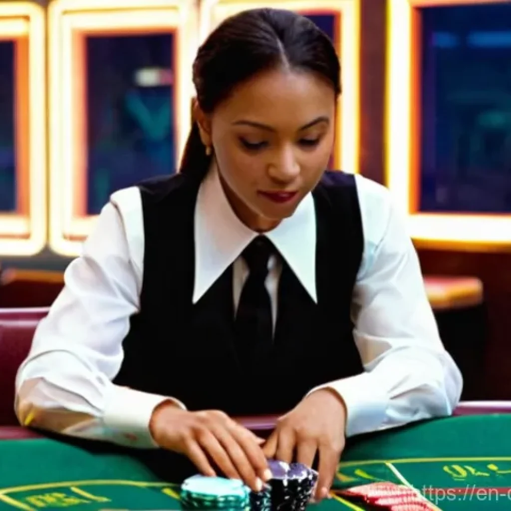 카지노 딜러 전문용어 및 해석 - **Prompt:** A dynamic, medium shot of a professional female blackjack dealer, mid-action, extending ...