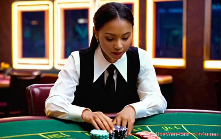 카지노 딜러 전문용어 및 해석 - **Prompt:** A dynamic, medium shot of a professional female blackjack dealer, mid-action, extending ...