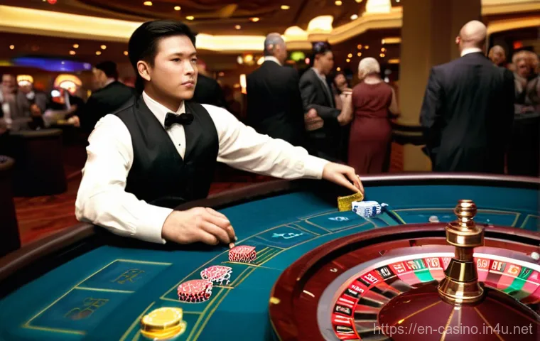 카지노 딜러 전문용어 및 해석 - **Prompt:** A high-angle, wide shot showcasing a vibrant poker table during the "river" phase of a T...