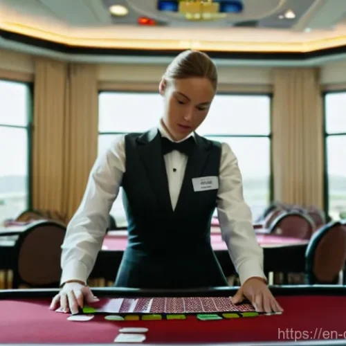 카지노 딜러 취업 후 자기소개서 작성법 - **"A focused young adult female casino dealer, dressed in a crisp black vest, white collared shirt, ...