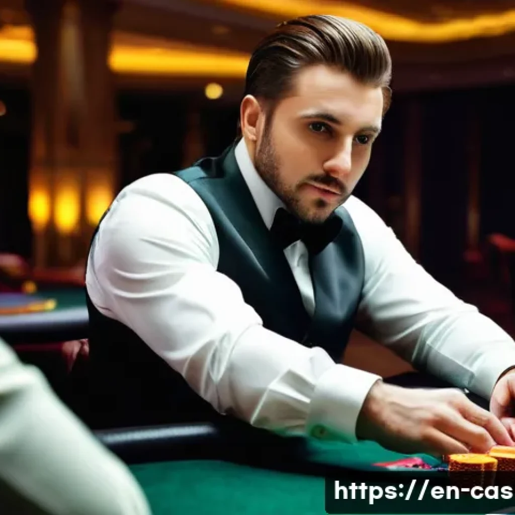 카지노 딜러에게 필요한 문제 해결 능력 - A professional casino dealer calmly resolving a player dispute at a poker table in a luxurious Las V...