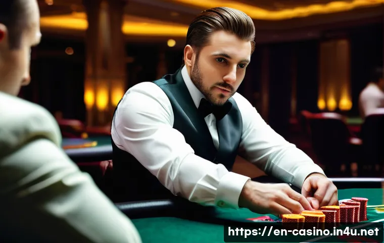 카지노 딜러에게 필요한 문제 해결 능력 - A professional casino dealer calmly resolving a player dispute at a poker table in a luxurious Las V...
