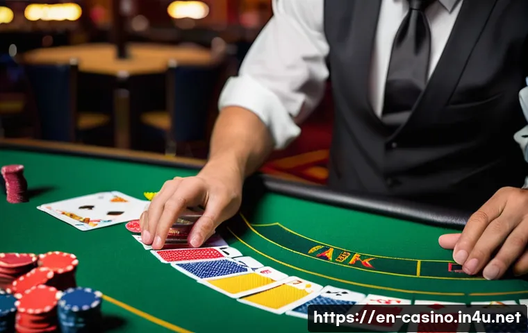 카지노 딜러가 알아야 할 수학 개념 - A professional casino dealer at a blackjack table, wearing a crisp white shirt with a black vest and...