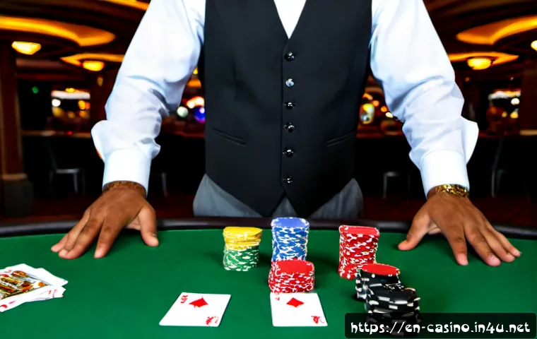 Home 13 카지노 딜러 블랙잭 운영 방법 - Photorealistic casino blackjack dealer in formal black vest and white shirt conducting a game at a g...