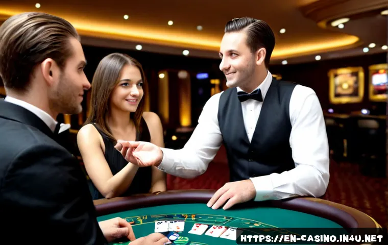 카지노 딜러와 고객 응대 기술 - Photorealistic upscale casino table scene, professional casino dealer in formal vest and bow tie war...